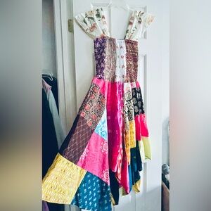 Bohemian Patchwork Maxi Dress in Pink & Multicolor